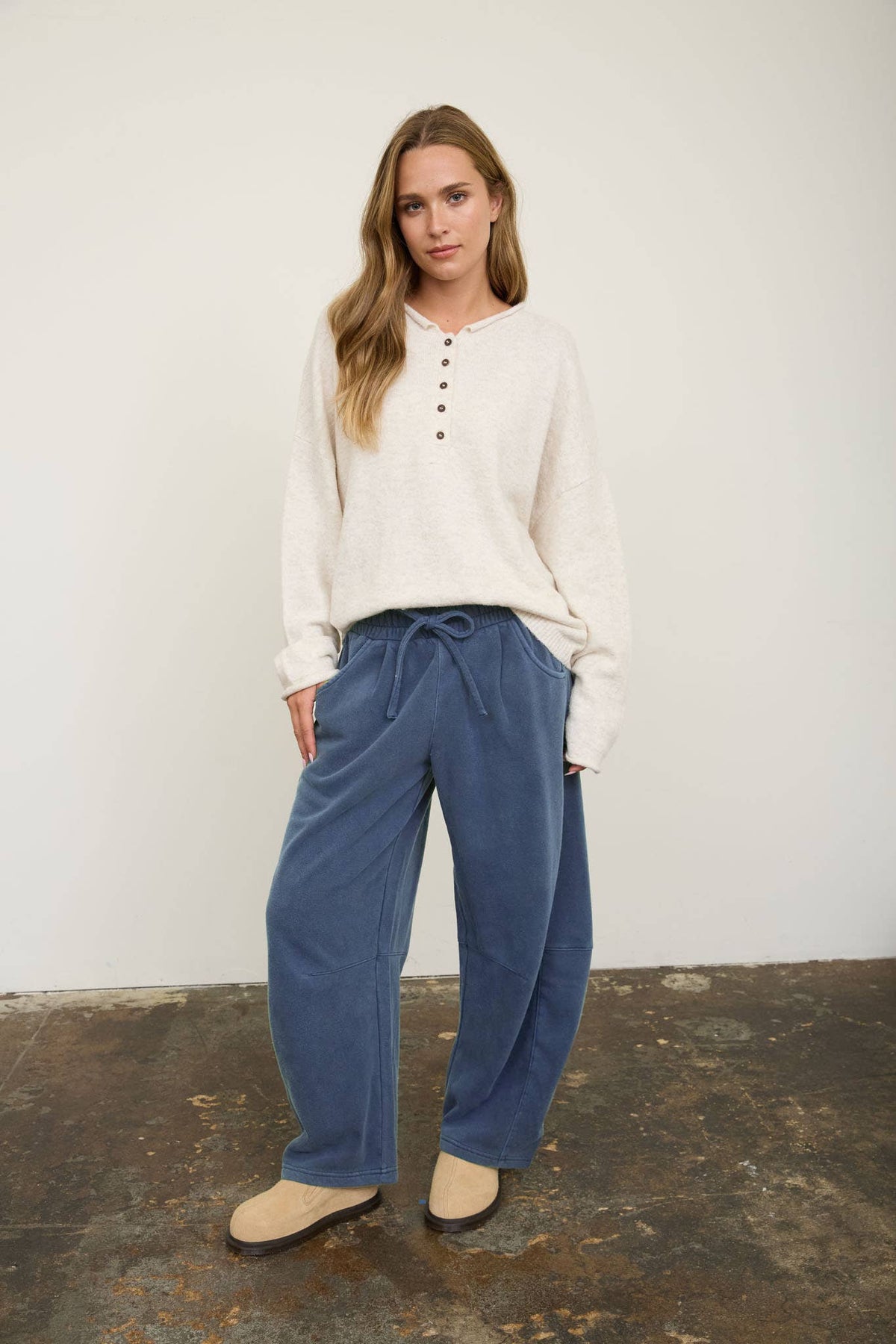Smoked Waist Drawstring Barrel Leg Sweatpants