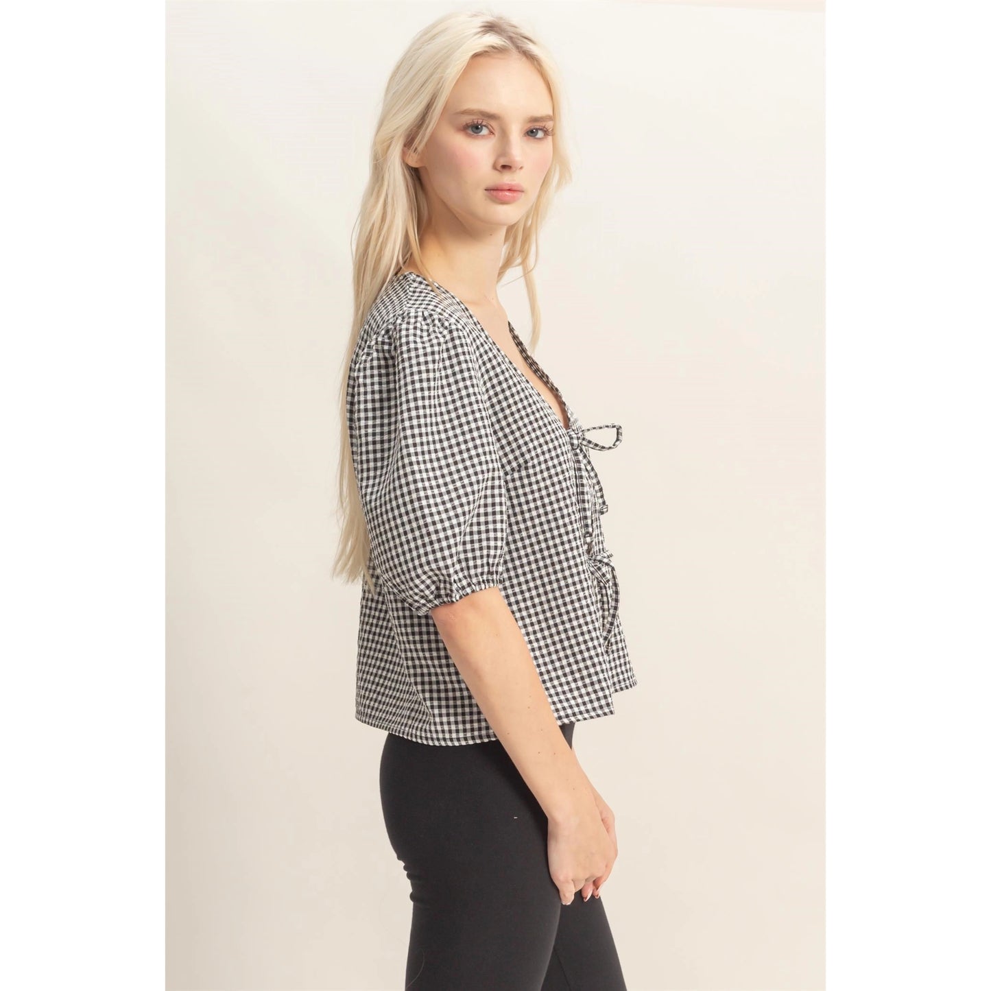Gingham Bow Tie Puff Sleeve Blouse