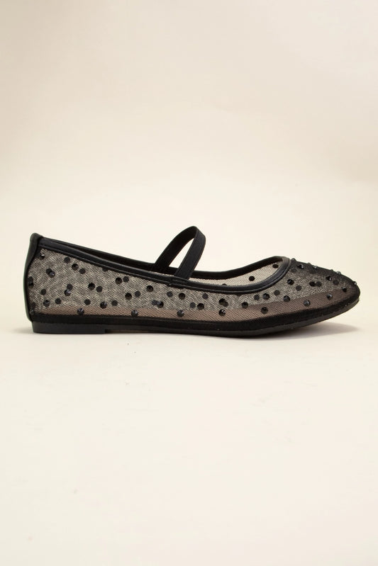 Rhinestone Embellished Mesh Mary Jane Flats