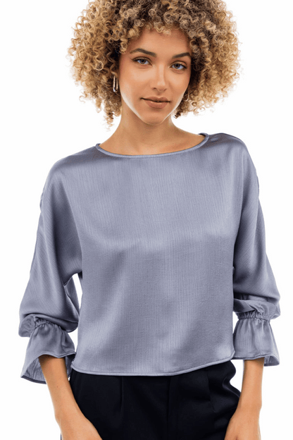 Boat Neck Blouse with Gathered Cuff Sleeves