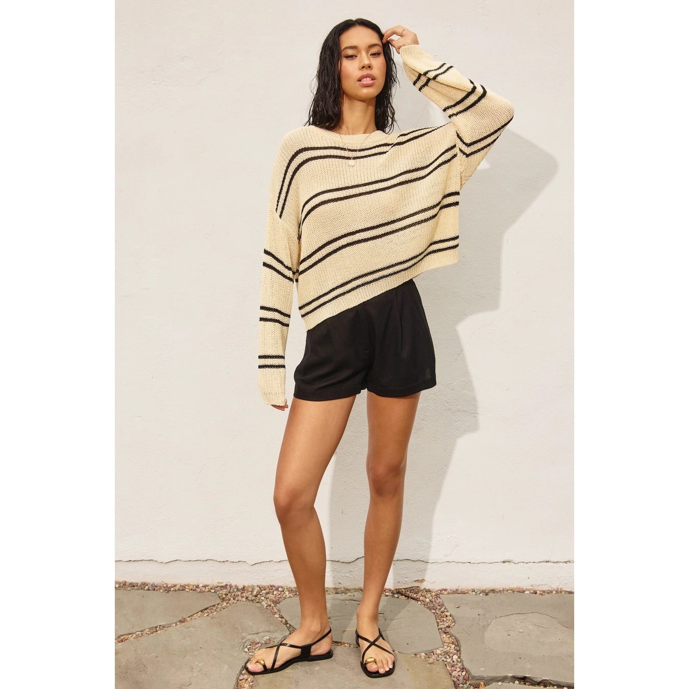 Double Striped Long Sleeve Open Knit Top