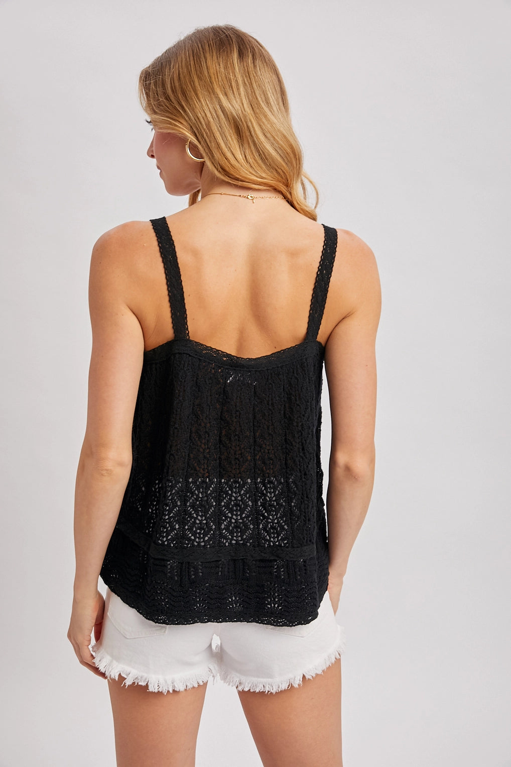 Button Down Pointelle Open Knit Crochet Top