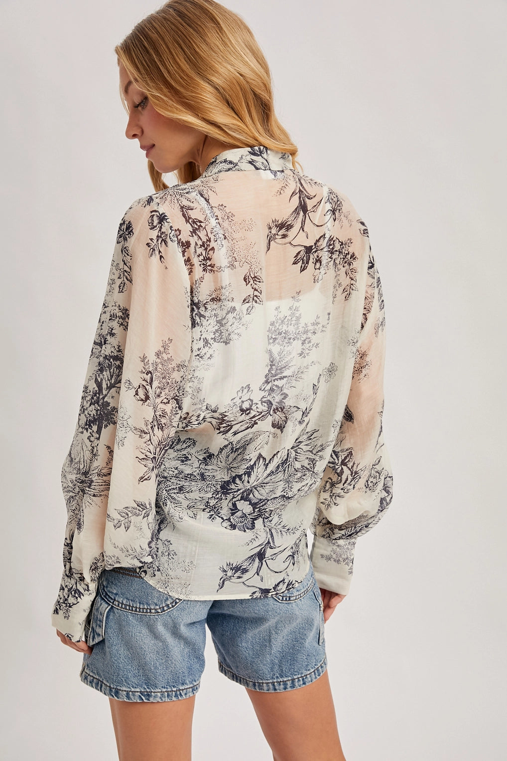 Botanical Print Tied Front Balloon Sleeved Kimono