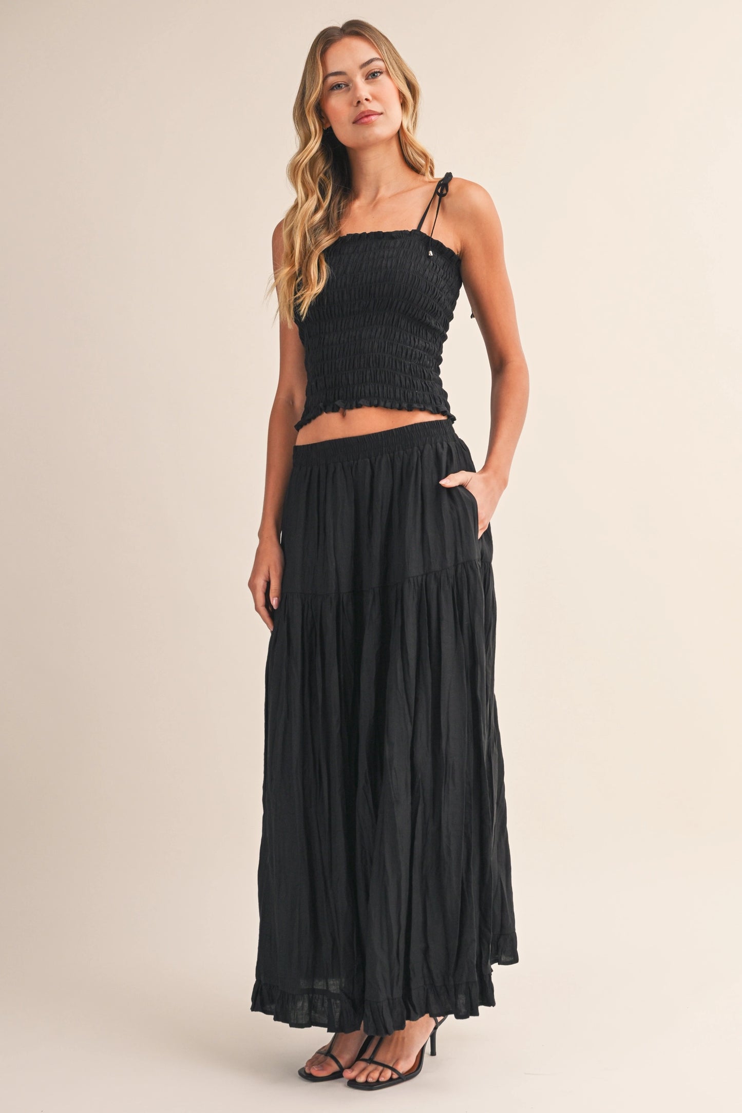 Smocking Top Crinkled Maxi Skirt Set