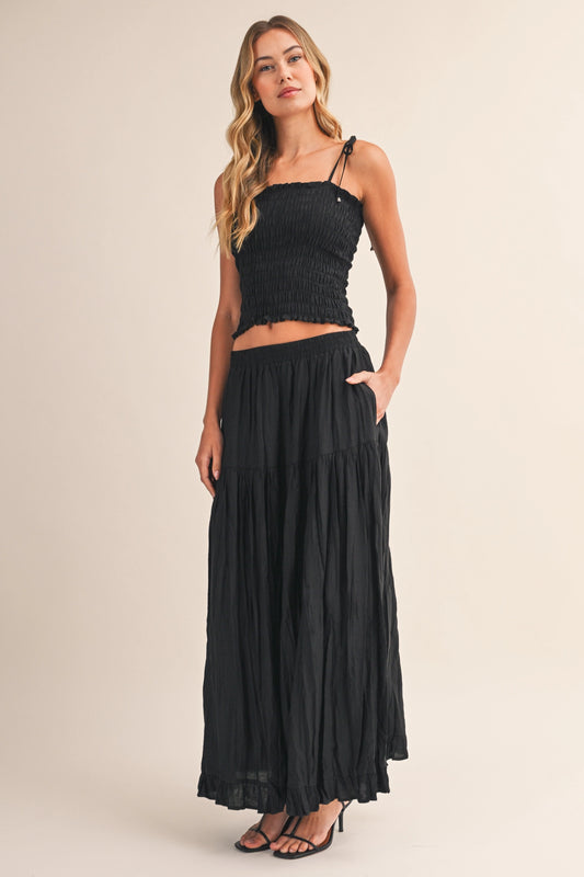 Smocking Top Crinkled Maxi Skirt Set