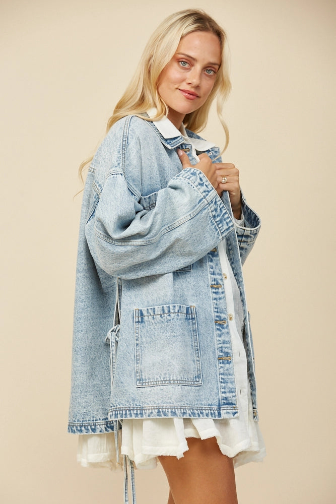 Boho Side Tie Detail Oversized Denim Jacket