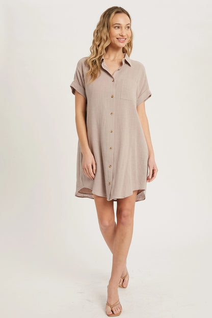 Button Up Shirt Dress with Pocket