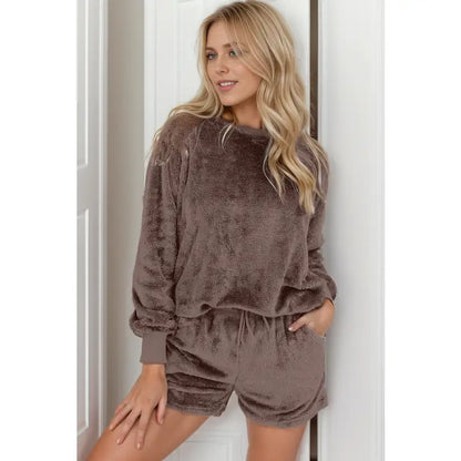 Solid Loose Fit Two Piece Fleece Lounge Set