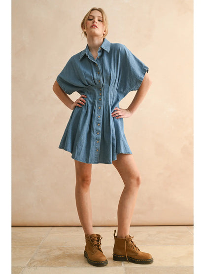 Chambray Denim Button Front w/ Pleat Detail