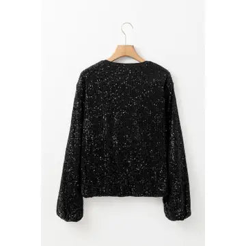 Sequin Zip Up Round Neck Long Sleeve Jacket