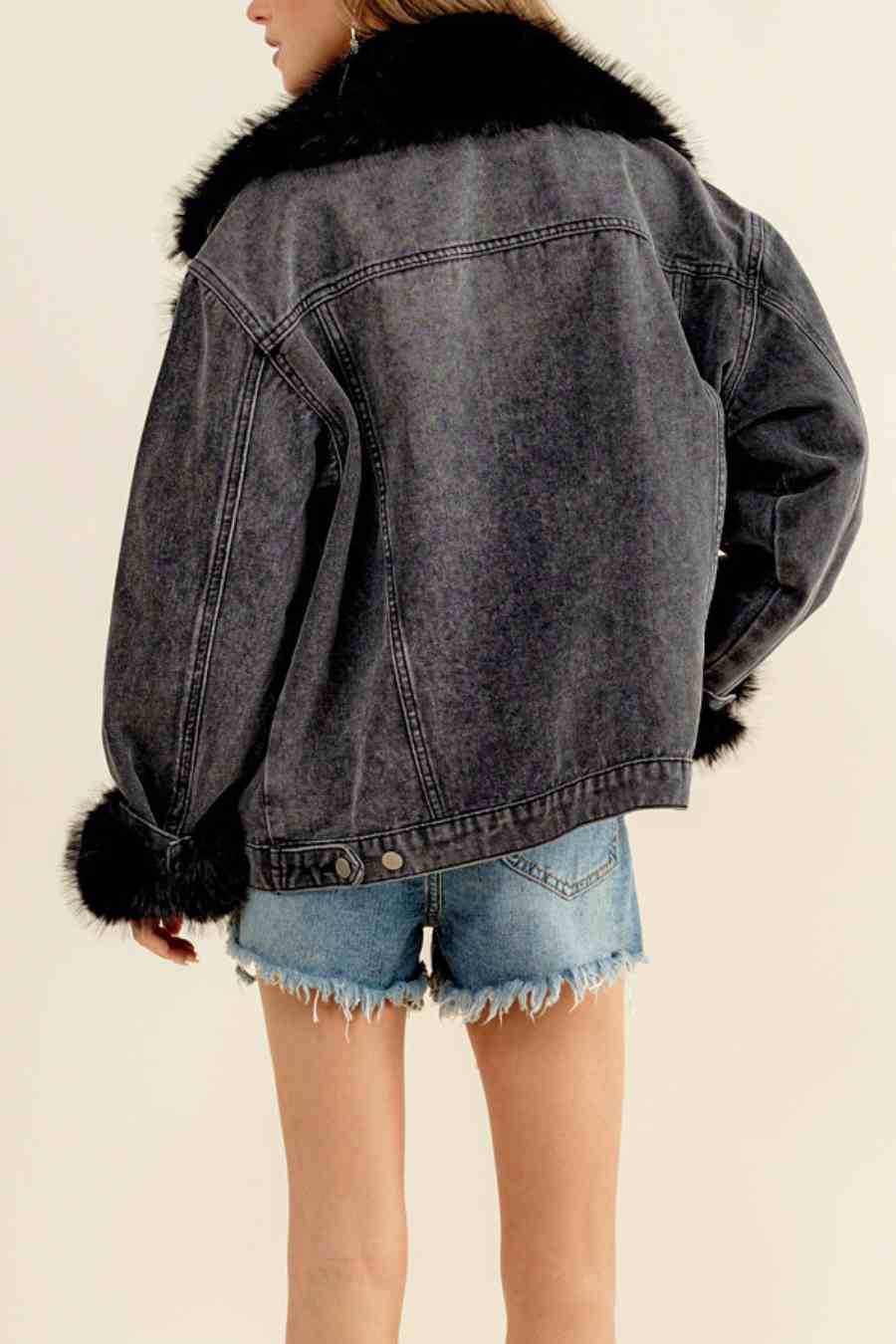 Faux Fur Collard Cuff Oversized Denim Jacket