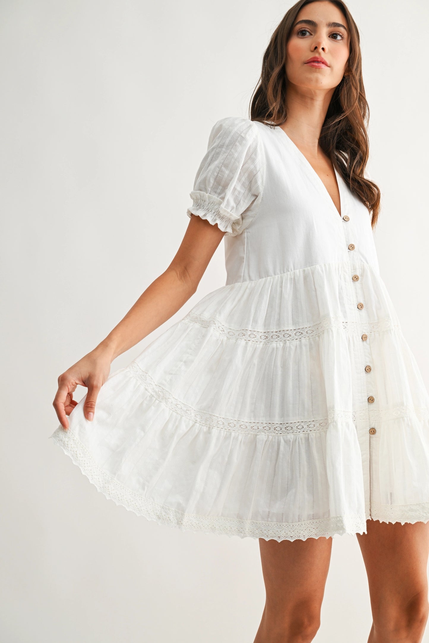 Button-Front Mini Dress with Puff Sleeves
