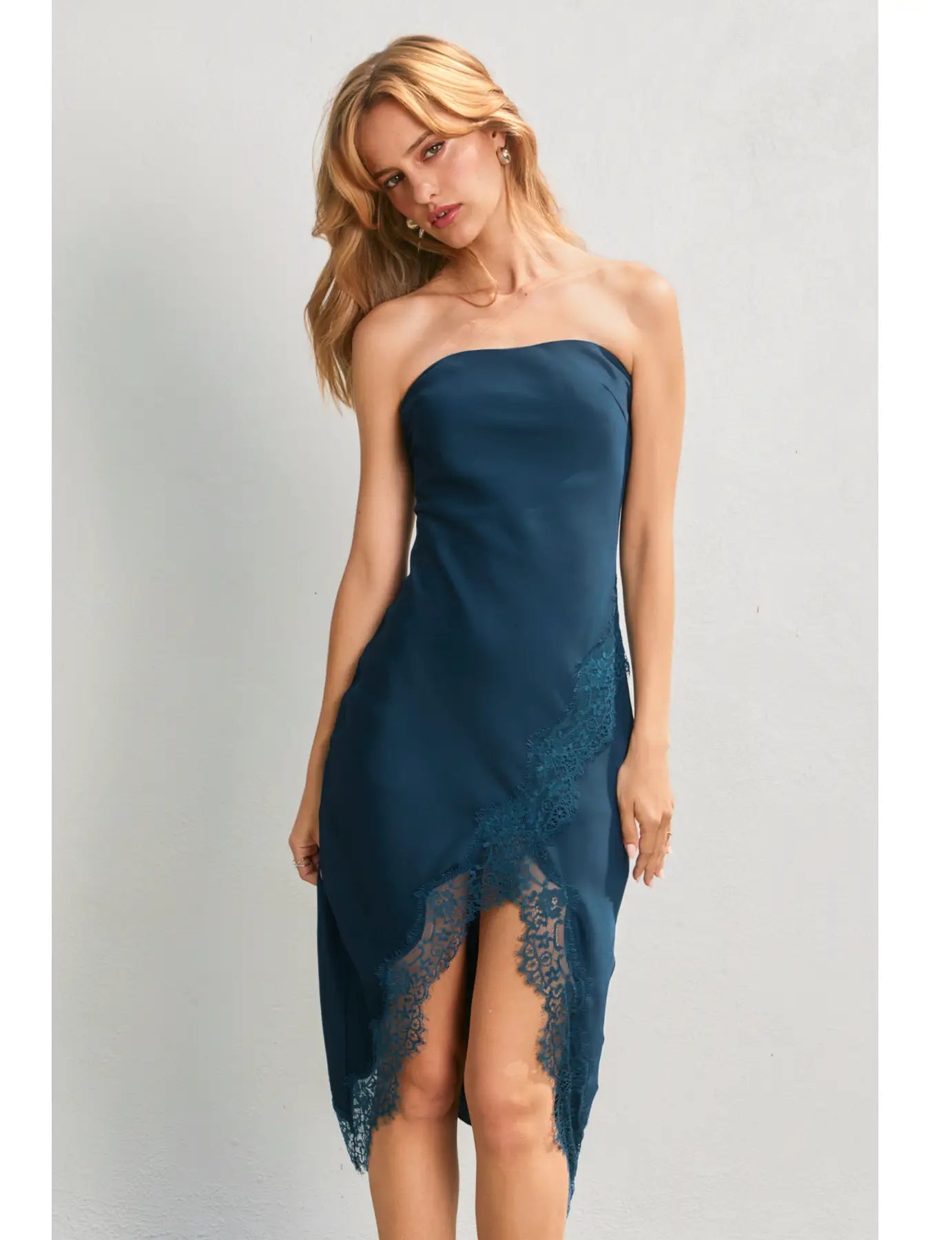Dull Satin Strapless Lace Hem Midi Dress