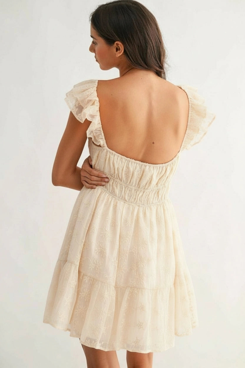 Chiffon Flutter Embroidered Sleeve Mini Dress