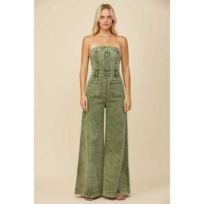 Boho Mineral Wash Wide Leg Denim Jumpsuit