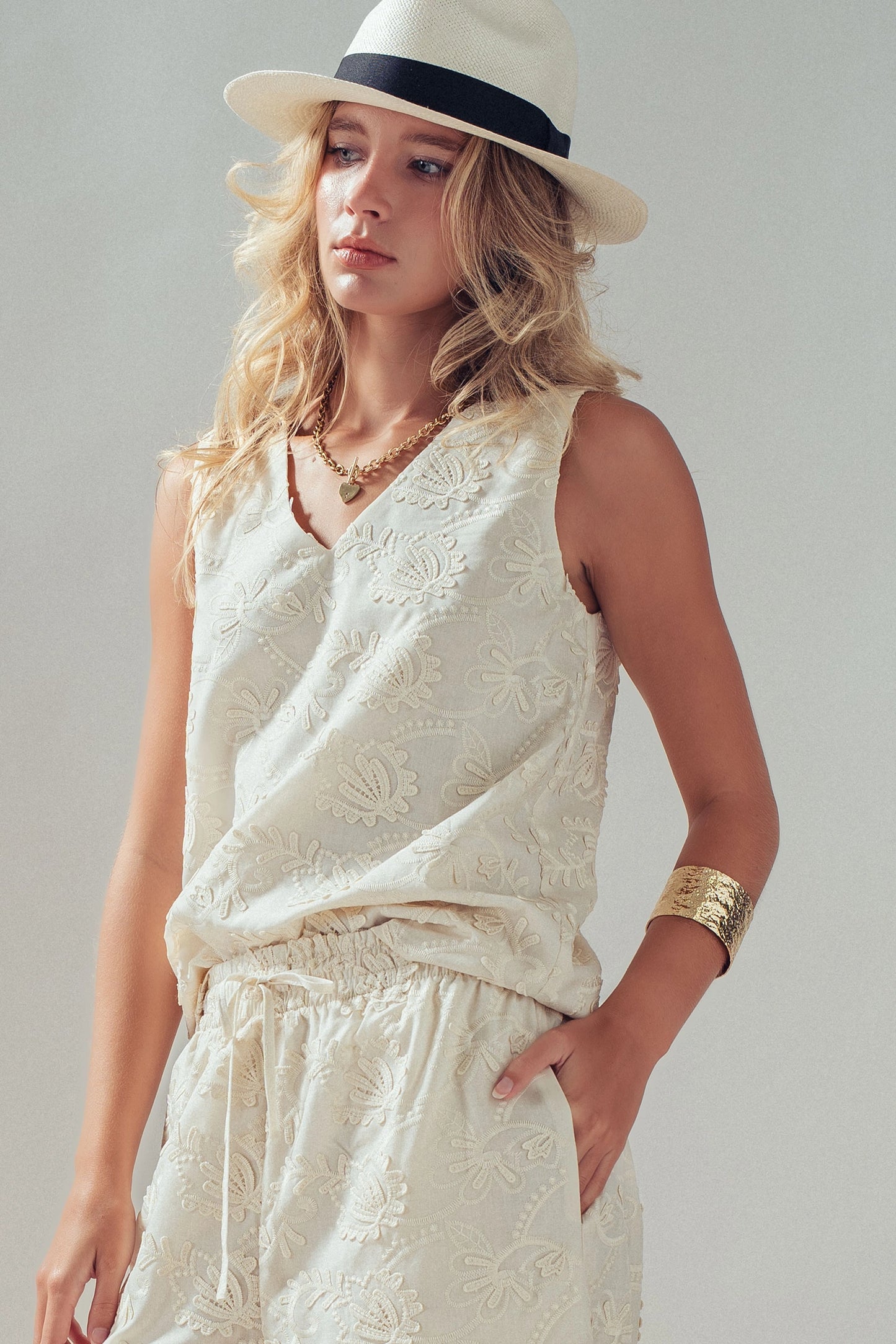 Floral Embroidered Cotton Top and Pant Set