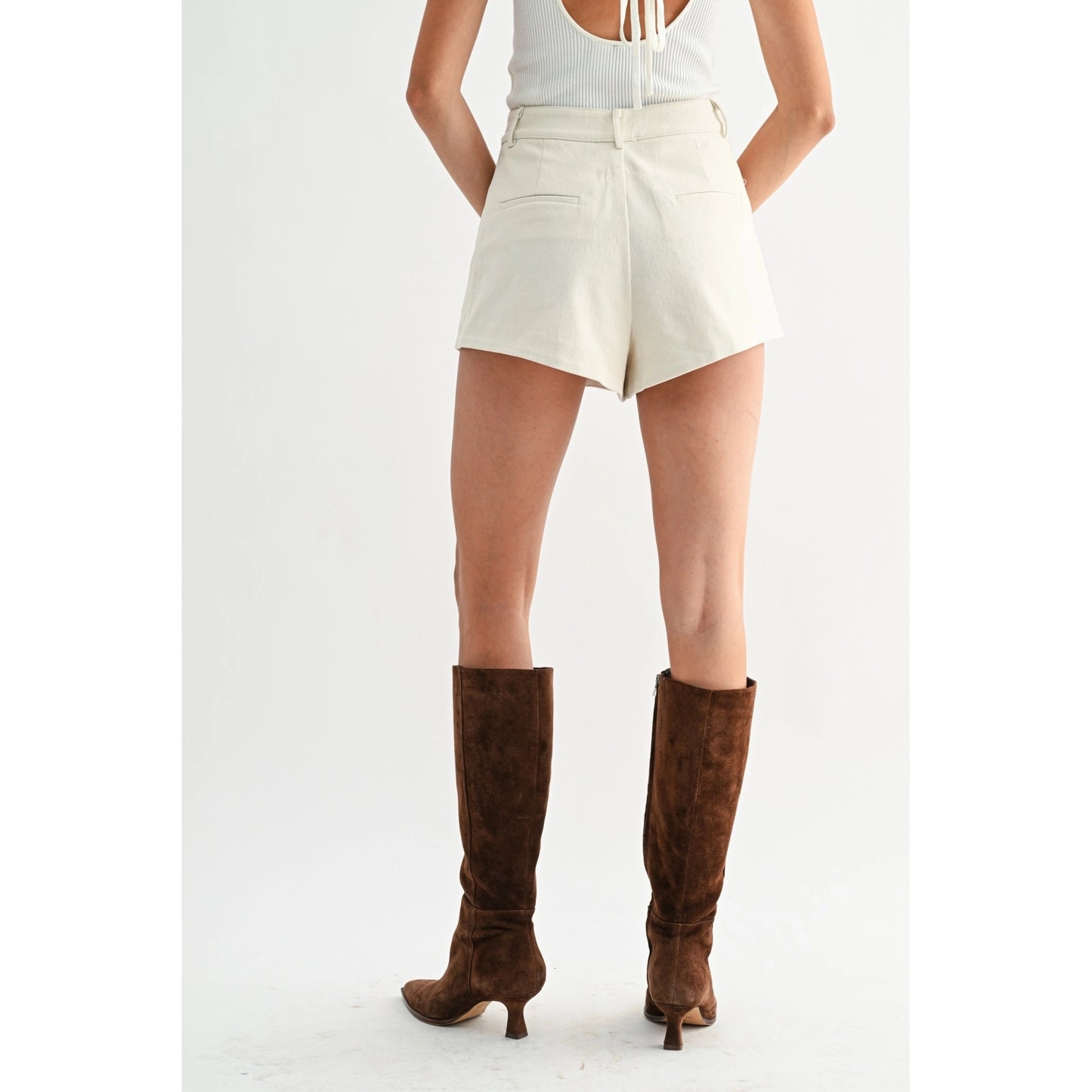 High-Waisted Pleated Ivory Tailored Cotton Shorts