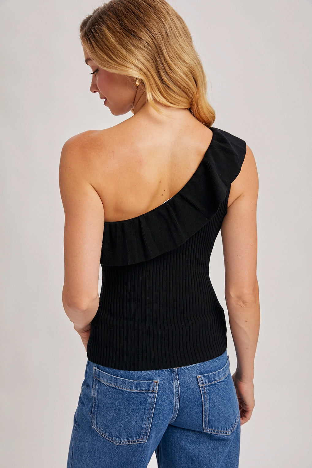 Ruffled One Shoulder Ribbed Knit Top