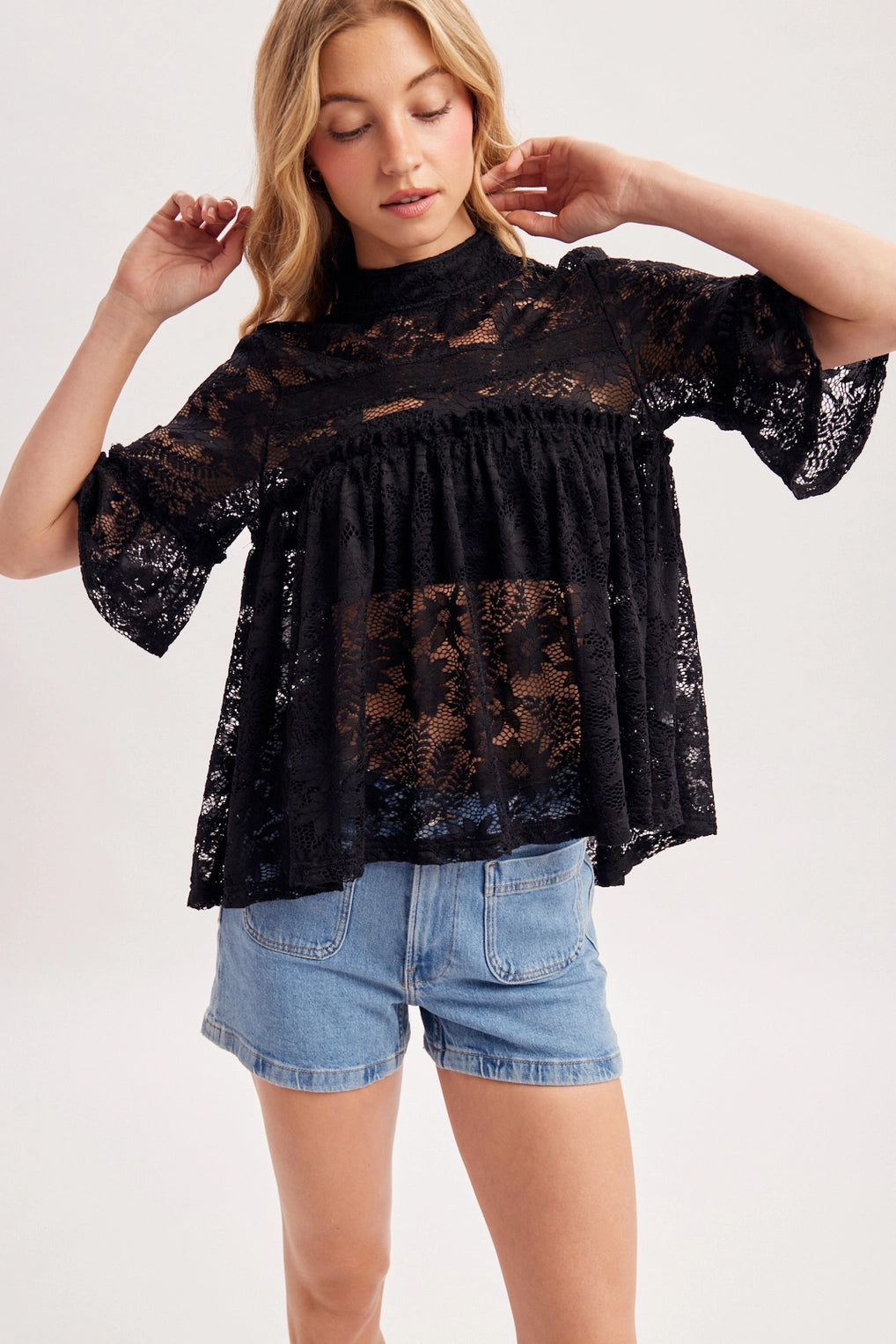 Mock Neck Baby Doll Lace Top with No Lining