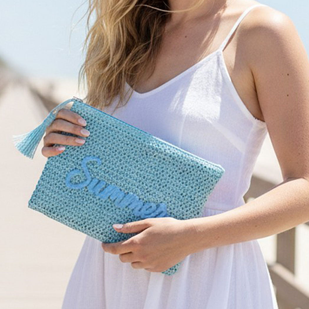 Woven Straw Pouch with Summer Embroidery