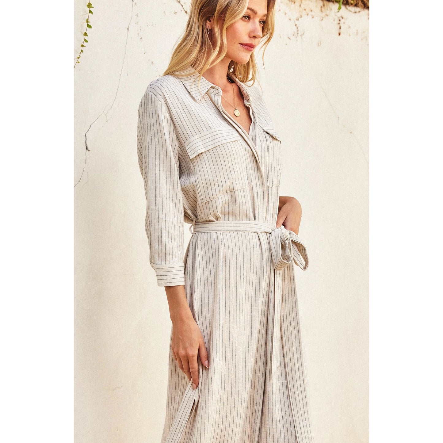 Pinstriped Belted Maxi Shirt Dress