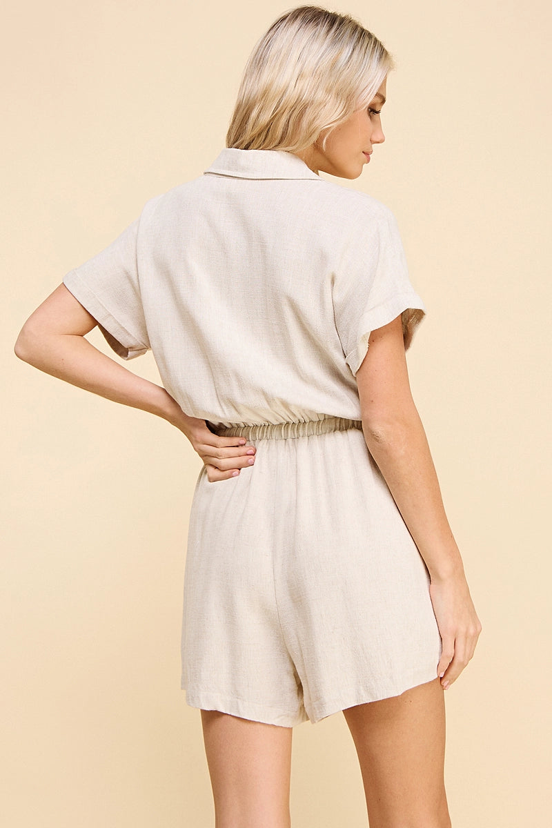 Collared Neck Short Sleeve Tie Waist Romper