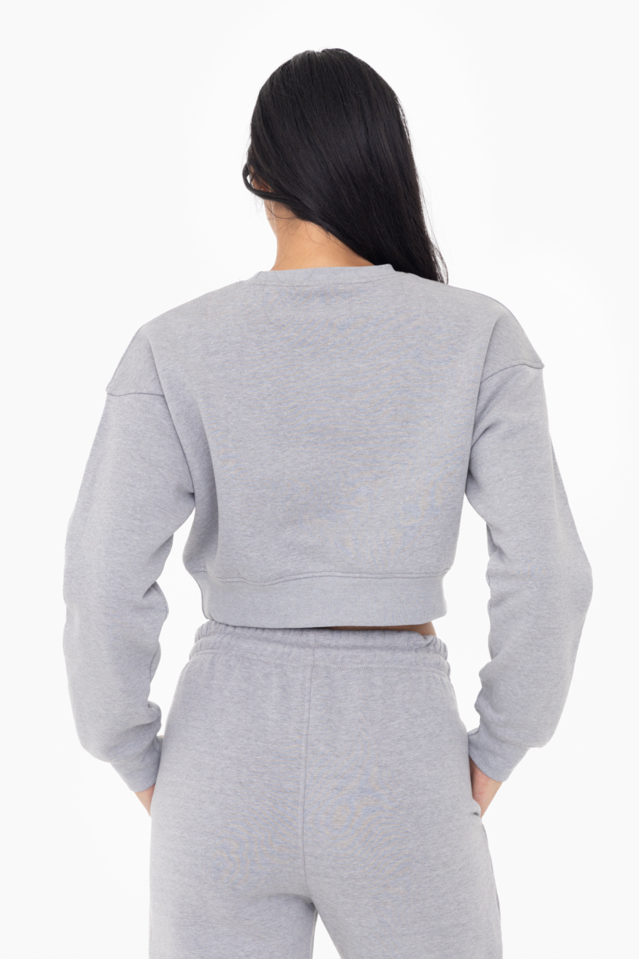 close up back view of gray cropped sweatshirt 