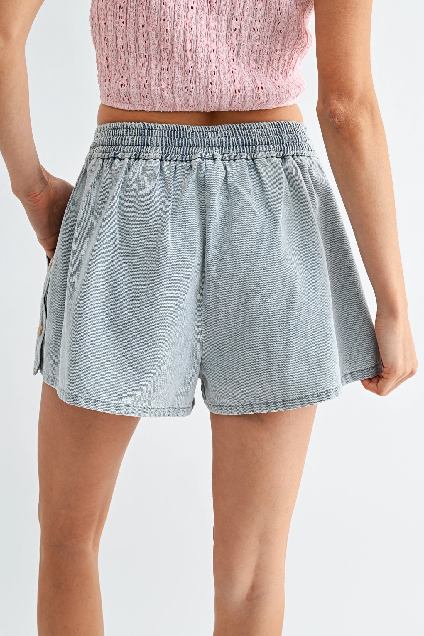 Light Wash Denim Drawstring Shorts Side Buttons
