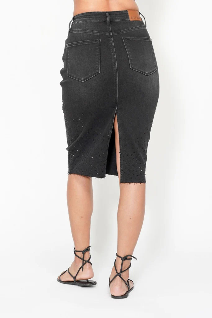 High Waist Rhinestone Embellished Mid Length Black Denim Skirt
