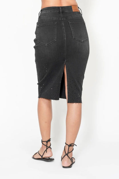 High Waist Rhinestone Embellished Mid Length Black Denim Skirt