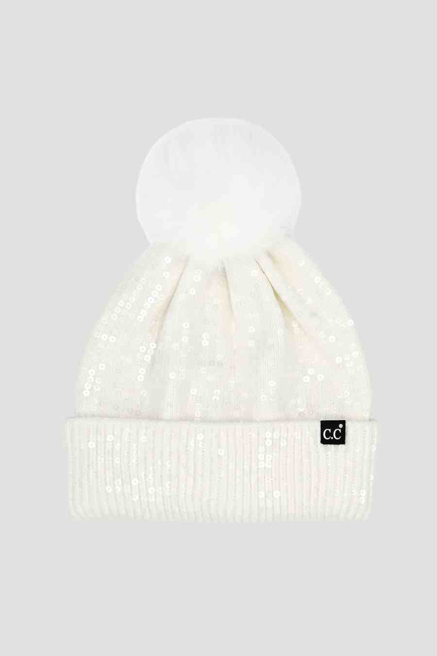 Clear Sequined Cuff Beanie with Pom Pom