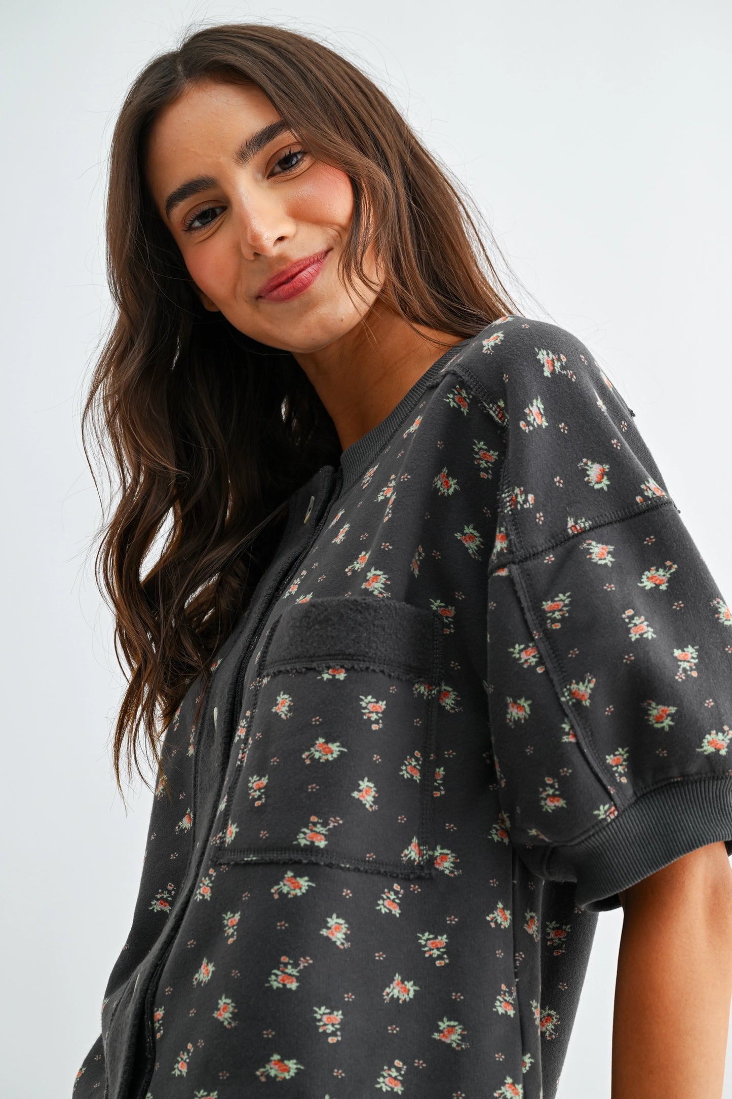Floral Print Short Sleeve Top Set Pocket Shorts