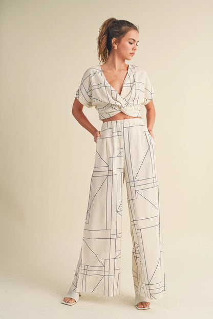 Multi Grid Pattern Wide Leg Pants