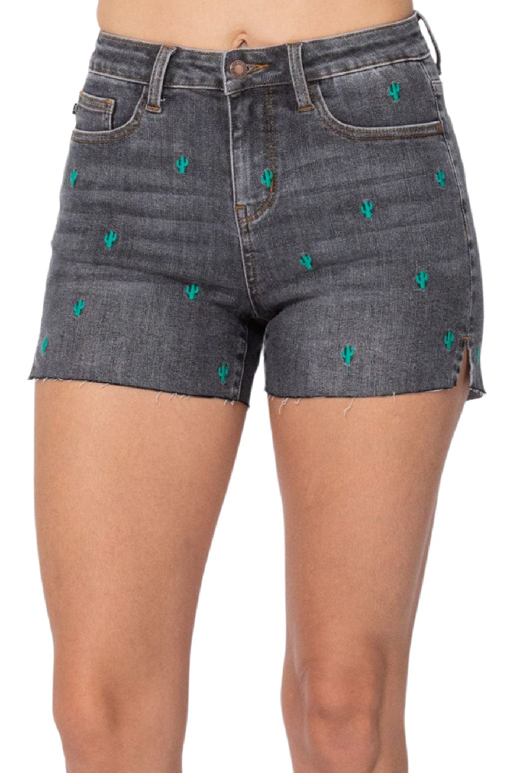 Cactus Embroidered High Rise Denim Shorts