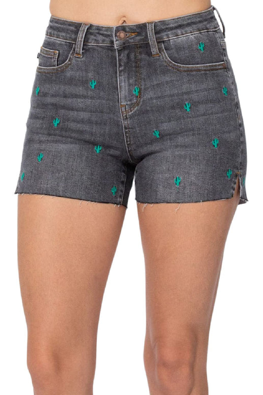 Cactus Embroidered High Rise Denim Shorts