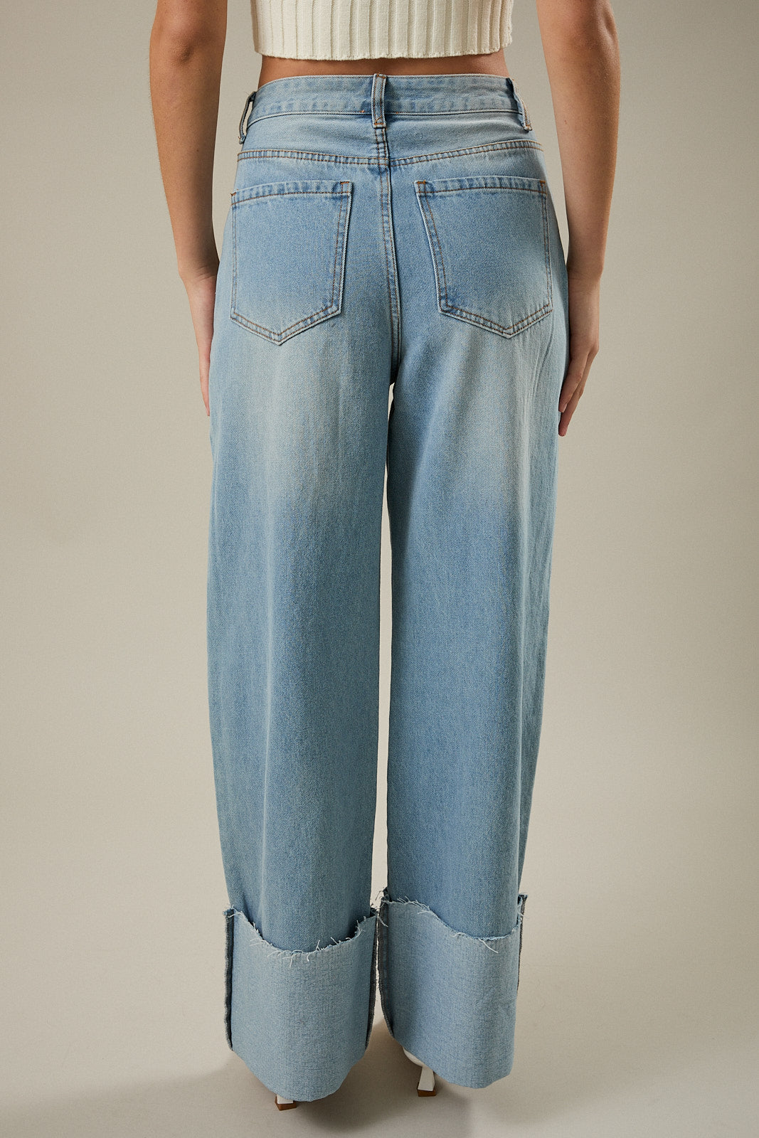 High Waisted Wide Leg Cuffed Jeans