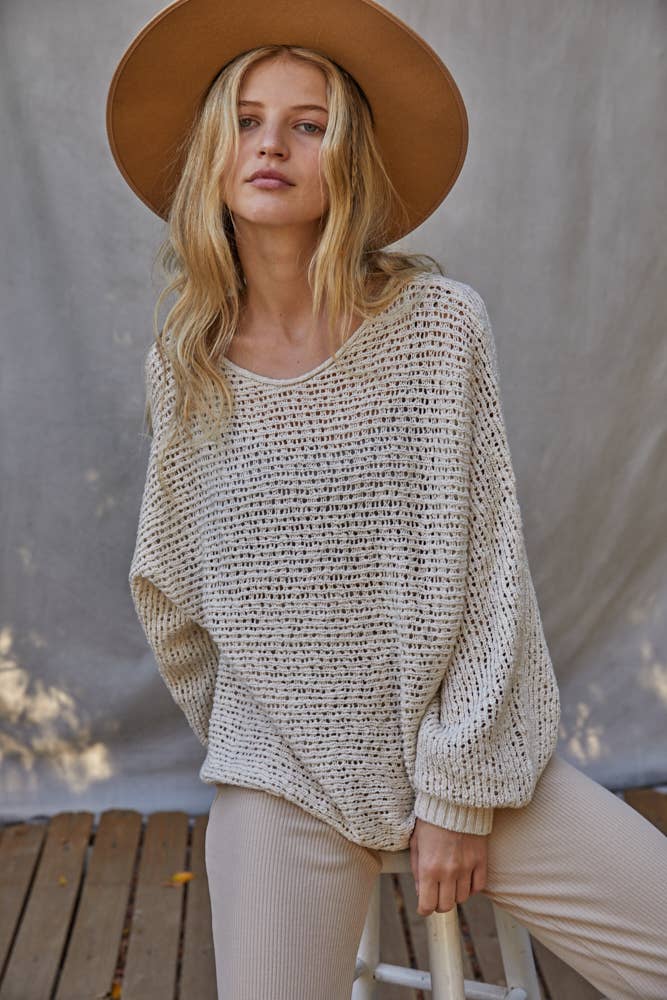 Sweater Knit Crochet Round Neck Long Sleeve Top