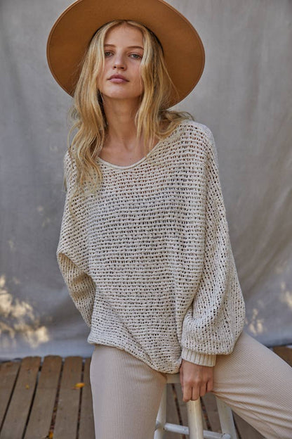 Sweater Knit Crochet Round Neck Long Sleeve Top
