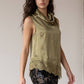 Cowl Neck Sleeveless Satin Top with Asymmetrical Lace Hem