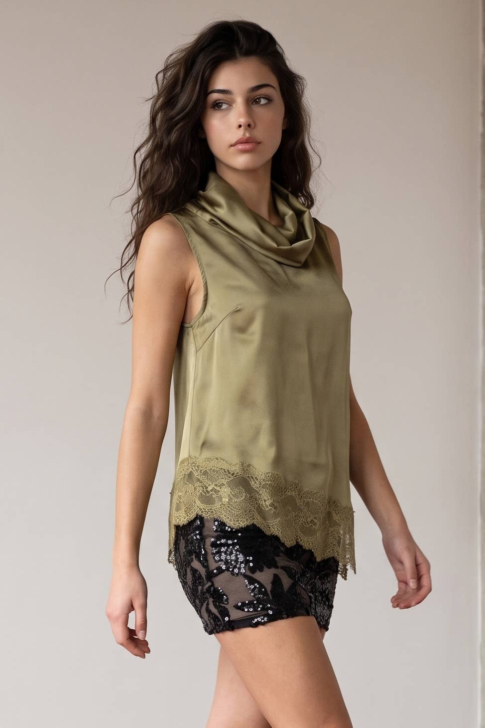Cowl Neck Sleeveless Satin Top with Asymmetrical Lace Hem