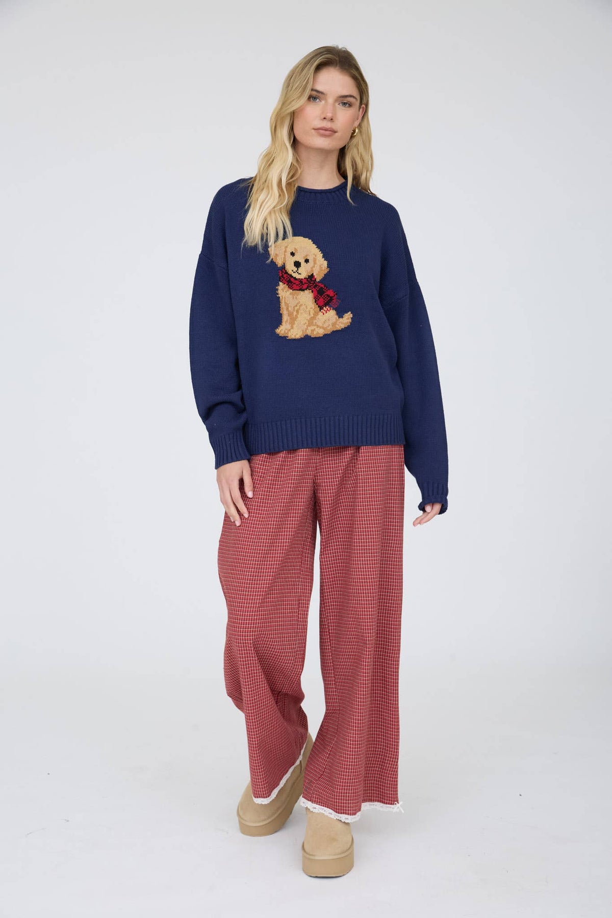 Intarisia Puppy Crew Neck Relaxed Sweater