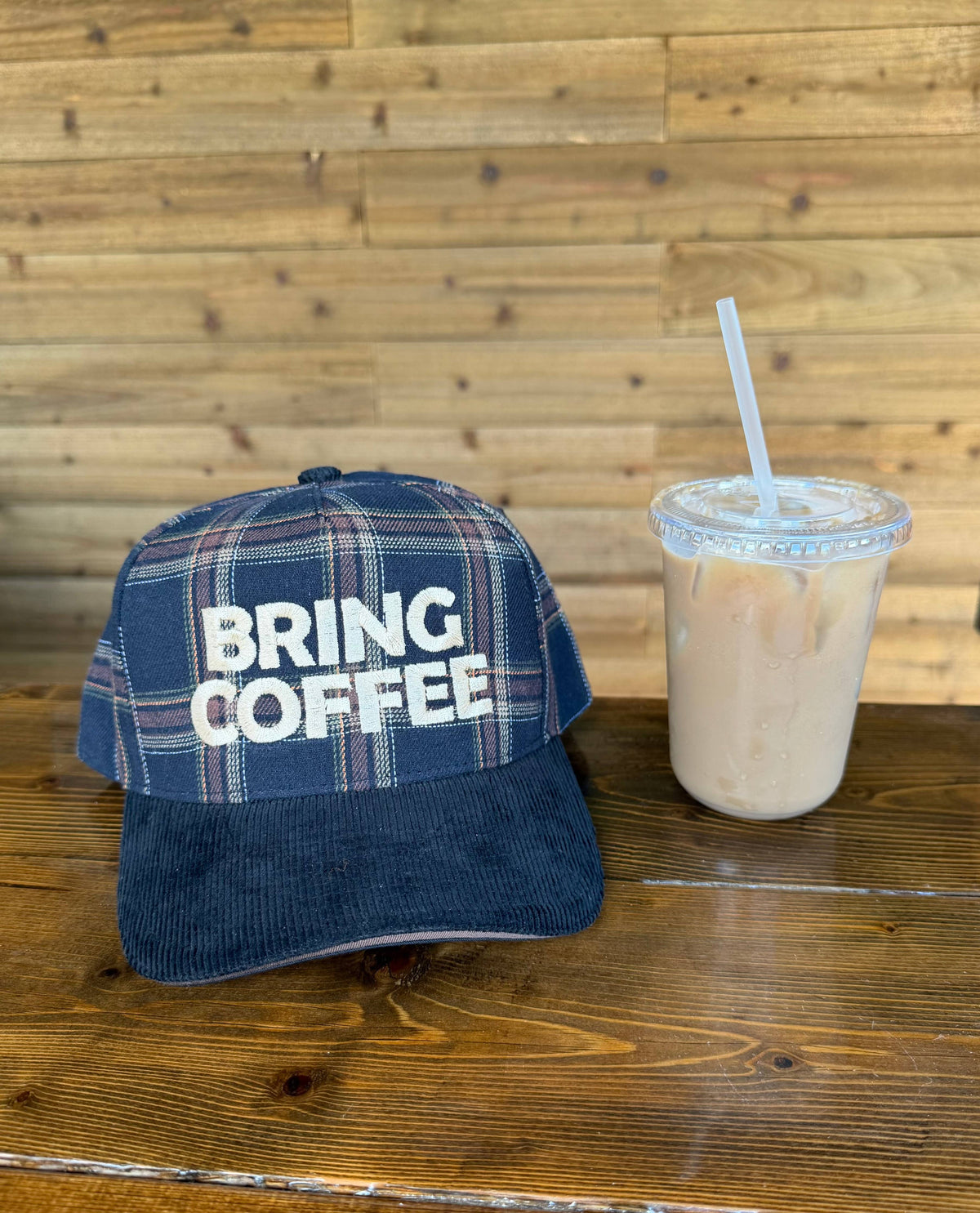 "Bring Coffee" Plaid Trucker Hat
