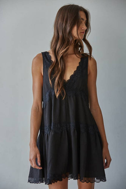 Woven Polyester Plunged V-Neck Sleeveless Mini Dress