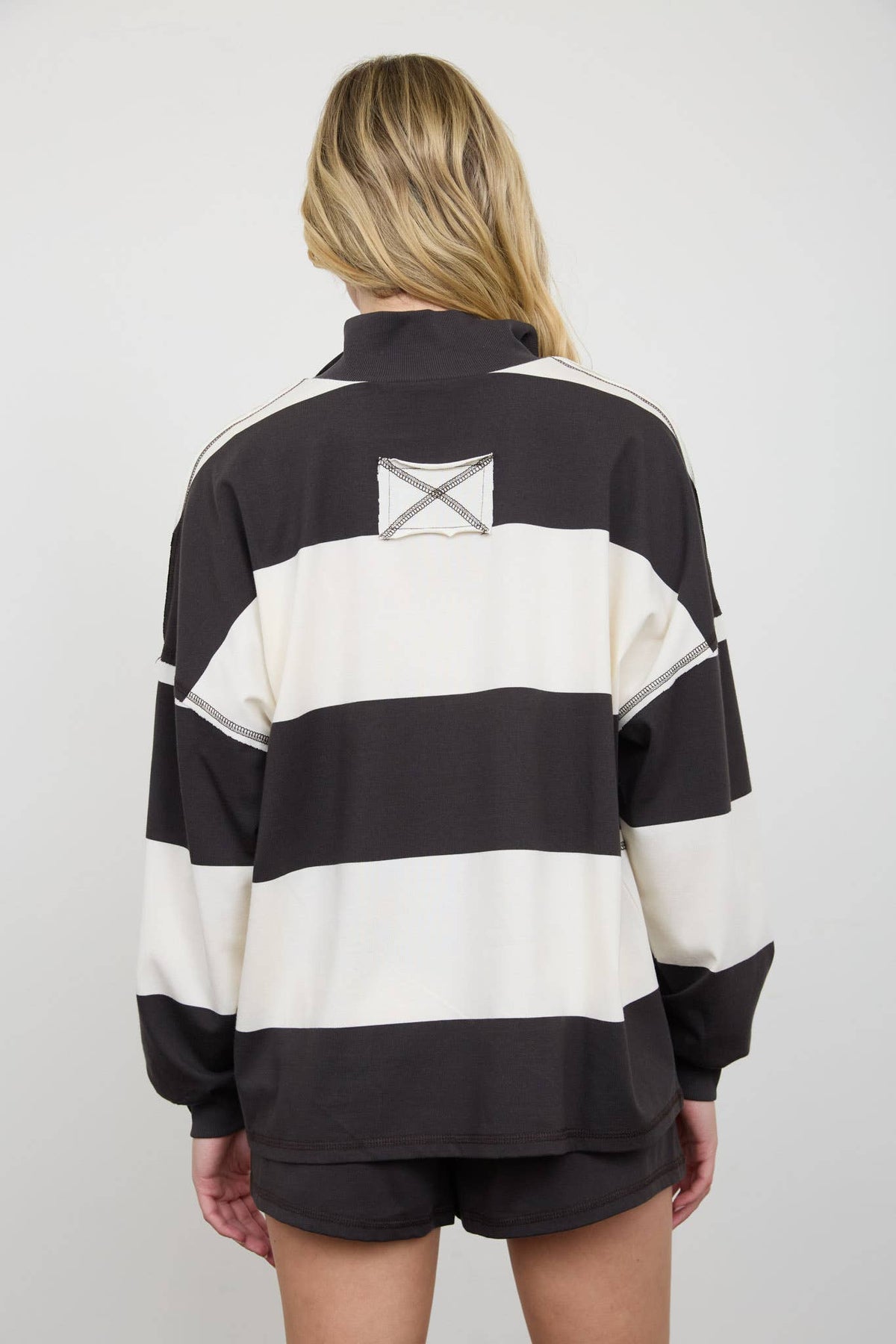 Wide Stripe Half Zip Long Sleeve Knit Top