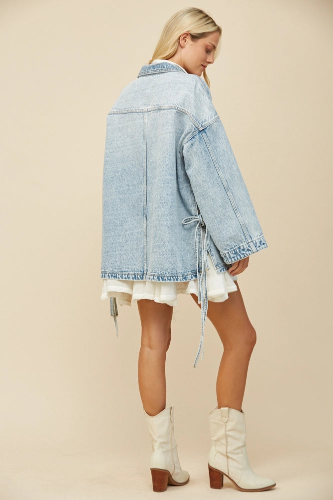 Boho Side Tie Detail Oversized Denim Jacket
