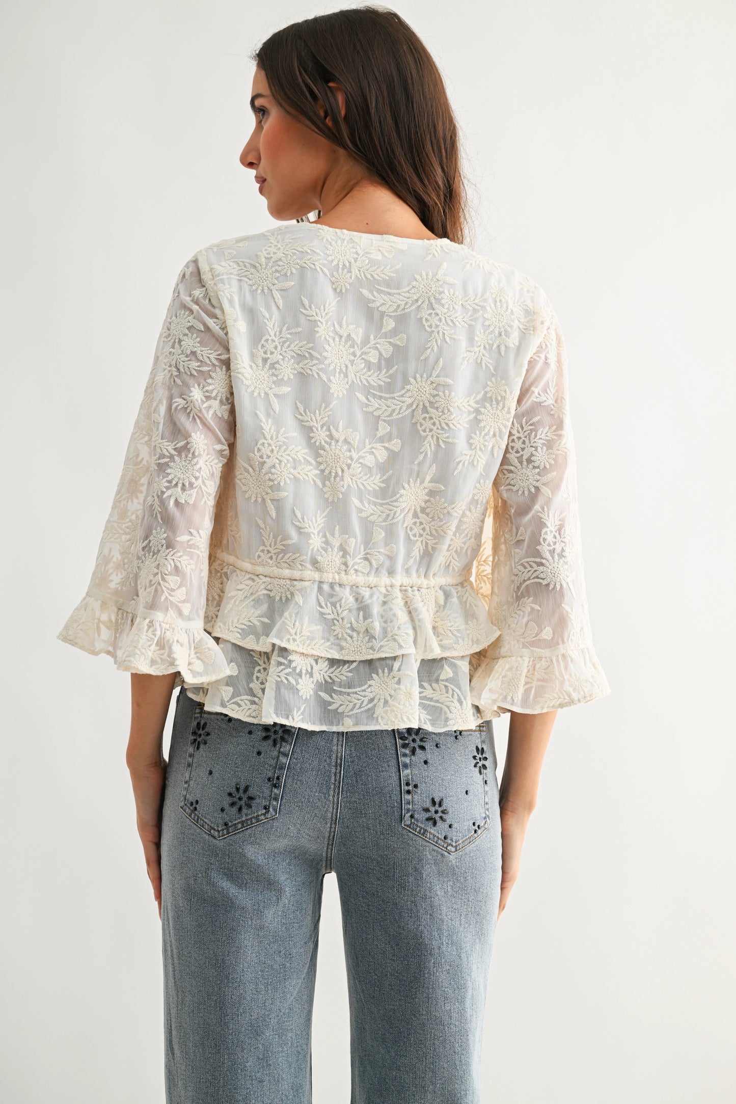 Boho Embroidered Sheer Blouse Flowy Bell Sleeves