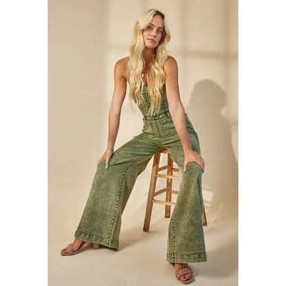 Boho Mineral Wash Wide Leg Denim Jumpsuit