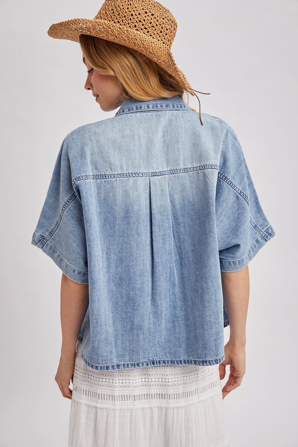 Denim Button Down Short Sleeve Boxy Shirt