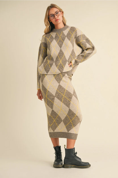 Argyle Sweater Top and Midi Skirt Set