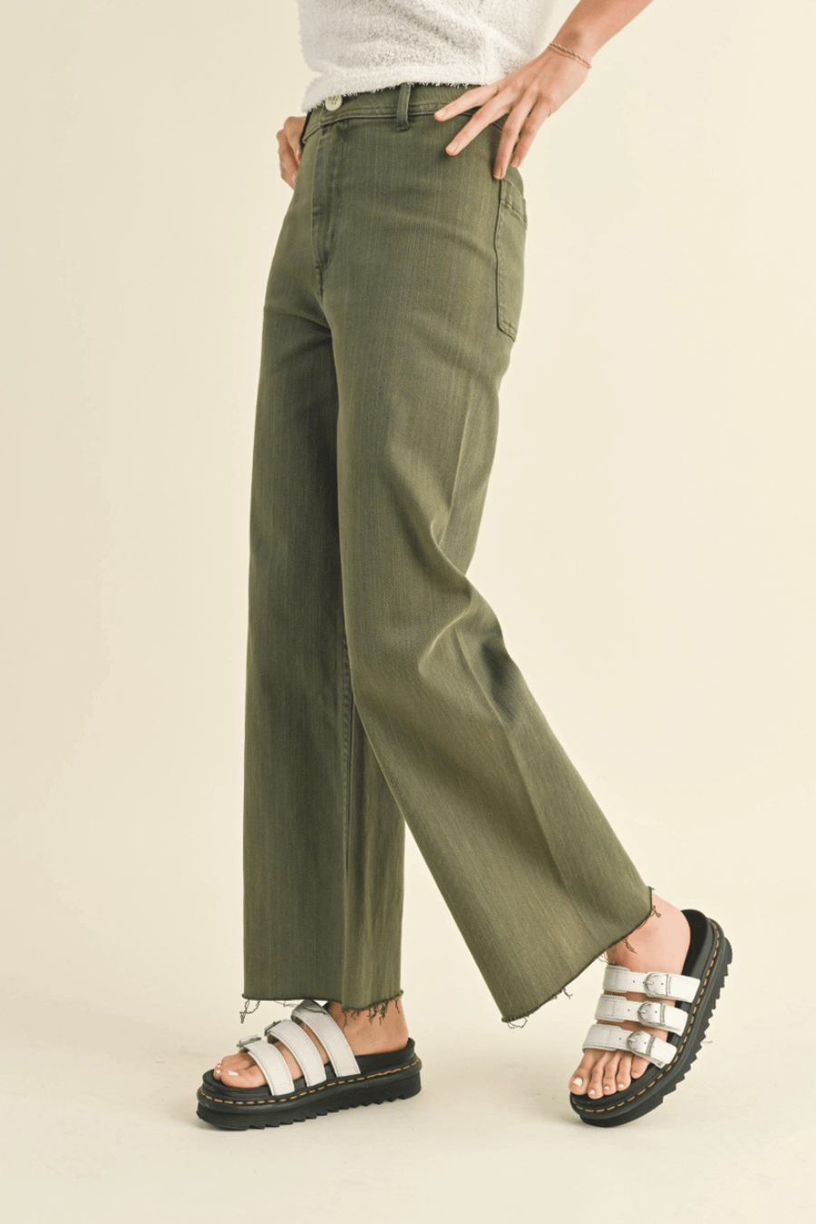 The Fiona Straight Wide Leg Denim Pants - Olive